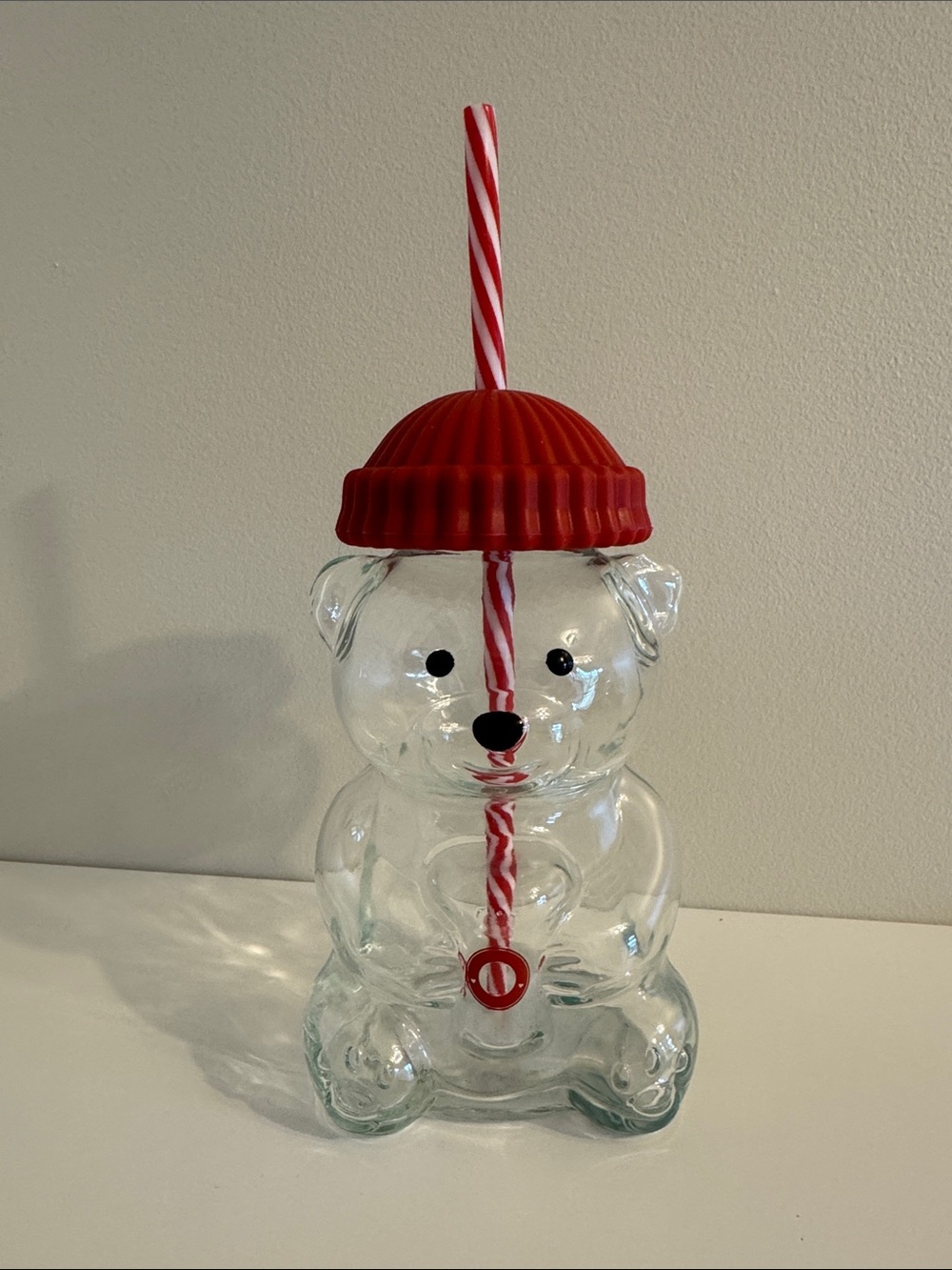 Glass Bear Cup with Straw - Red Rubbery Toque